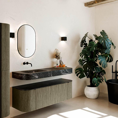 MONDIAZ THOR-DLUX 140cm meuble de salle de bains arrondi gauche + droite couleur Shadow avec 1 tiroir et 2 portes. Vasque suspendue CLOUD Gauche sans trou de robinet couleur Lava.