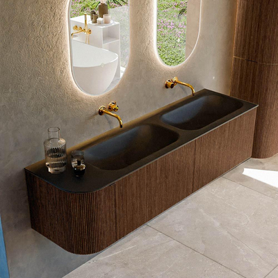 MONDIAZ KURVE meuble de salle de bains 165cm avec module 25 L couleur Walnut avec 2 tiroirs et 1 porte. Lavabo BIG SMALL double / droite sans trou de robinet Urban.