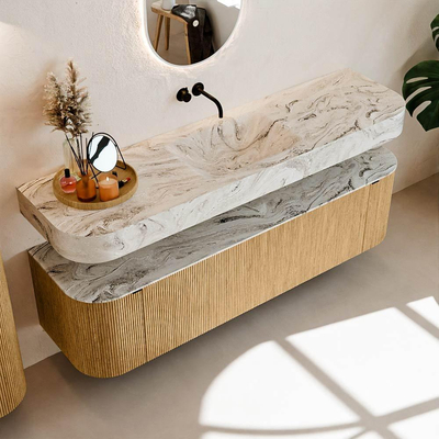 MONDIAZ THOR-DLUX 170cm badmeubel ronding links + rechts kleur Oak met 1 lade en 2 deuren. Vrijhangende wastafel CLOUD Midden zonder kraangat kleur Glace.