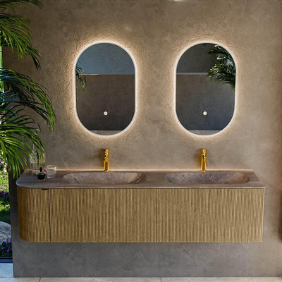 MONDIAZ KURVE-DLUX Meuble de salle de bains 175cm arrondi à gauche couleur Dusk avec 2 tiroirs et 1 porte. Lavabo STOR SMALL Double / Droite 2 trous de robinet Oza.
