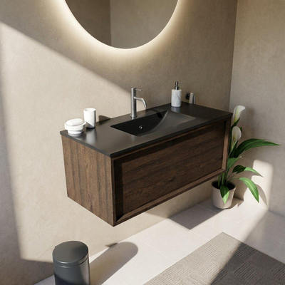 Saniclass Holz Frame Ensemble meuble de salle de bains - 100x45x42cm - Vasque Vygo en céramique noire - 1 vasque - 1 trou de robinet - 1 tiroir - chêne charcoal mat (bois)
