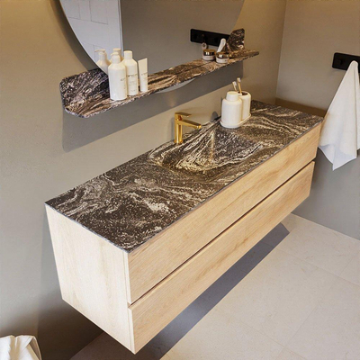 Mondiaz VICA-DLUX ensemble de meuble de salle de bain - 150cm - meuble sous-vasque chêne blanchi - 2 tiroirs - lavabo encastré nuage milieu - 1 trou de robinet - miroir modèle spot - version XL 60cm haut - lave