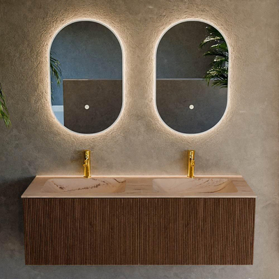 MONDIAZ KURVE-DLUX Meuble de salle de bains 130cm couleur Walnut avec 2 tiroirs et 0 portes. Lavabo LEAF Double 2 trous de robinet Arena.