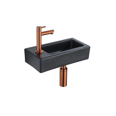 QeramiQ Fuente pack lave-mains – 37,5 x 18,5 x 9 cm – céramique noir mat – perçage à gauche – robinet cuivre brossé