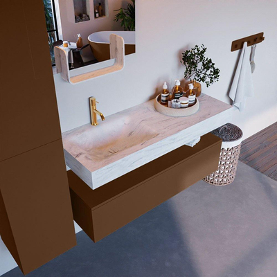 Mondiaz ALAN-DLUX Ensemble de meuble - 120cm - meuble Rust mat - 1 tiroir - Lavabo Cloud Opalo suspendu - vasque Gauche - 1 trou de robinet