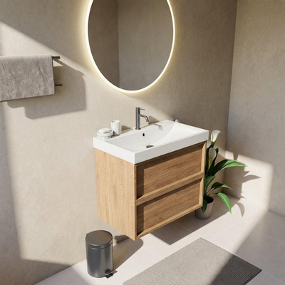 Saniclass Holz Frame Ensemble de meubles de salle de bains - 80x45x67.5cm - lavabo Wave en céramique - 1 vasque - 1 trou de robinetterie - 2 tiroirs - chêne naturel mat (bois)