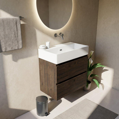 Saniclass Holz Pure Ensemble de meubles de salle de bains - 80x45x72cm - vasque Legend en céramique blanche - 1 vasque - sans trou de robinet - 2 tiroirs - chêne charcoal mat (bois)