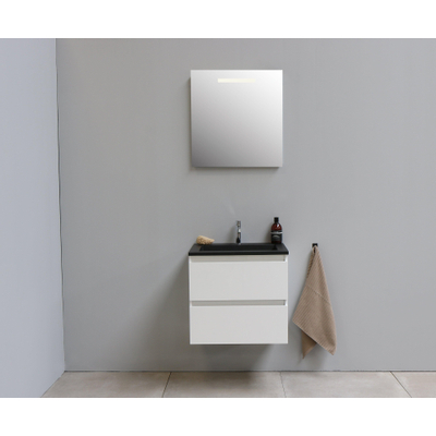Basic Bella Meuble salle de bains avec lavabo acrylique Noir 60x55x46cm 1 trou de robinet avec miroir et éclairage Blanc brillant