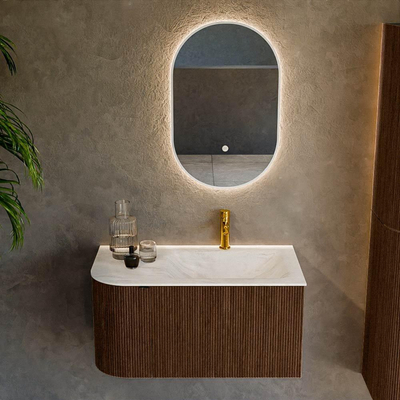 MONDIAZ KURVE-DLUX 85cm Meuble salle de bain avec module 25 G - couleur Walnut - 1 tiroir - 1 porte - vasque CLOUD droite - 1 trou de robinet - couleur Ostra