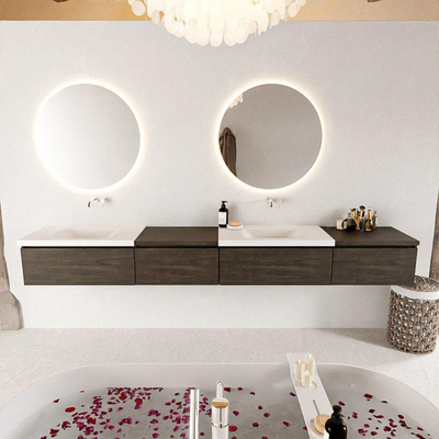 MONDIAZ BUKLA 280cm ensemble de meuble avec module 60 gauche couleur Marron Foncé avec 4 tiroirs. Lavabo CLOUD double 0 trou de robinet couleur Talc.