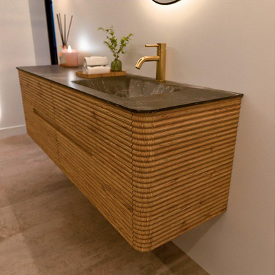 Mondiaz CIRO-DLUX Meuble de salle de bains - 160x45x50cm - Lavabo en solid surface Lava - 1 vasque à droite - 1 trou de robinet - 4 tiroirs - Chêne
