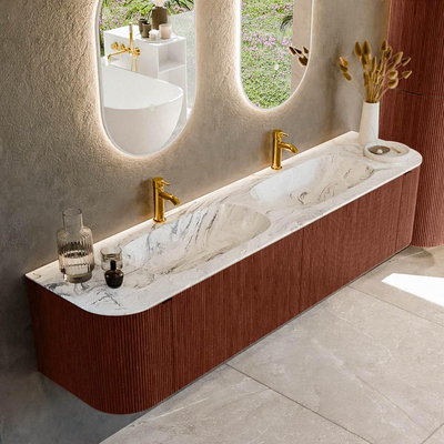 Mondiaz KURVE-DLUX Badkamermeubelset - 190x46x40cm - 2 lade - 2 deuren - wastafel solid surface - dubbel - 2 kraangaten - Ruby