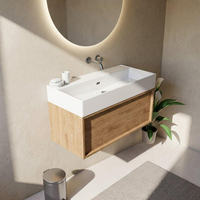 Saniclass Holz Frame Ensemble de meubles de salle de bains - 100x45x52cm - vasque Legend en céramique blanc - 1 vasque - sans trou de robinetterie - 1 tiroir - chêne natural mat (bois)
