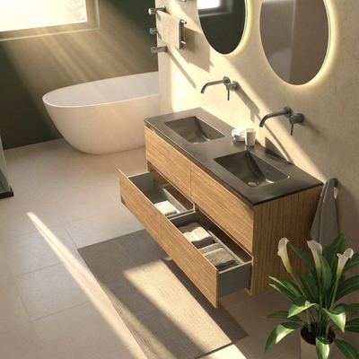 Saniclass Holz Pure Ensemble de meubles de salle de bains - 140x45x62cm - Vasque Vygo en céramique noire - 2 vasques - sans trous de robinet - 4 tiroirs - chêne natural mat (bois)