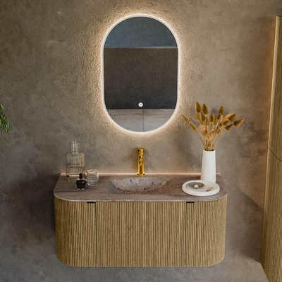 MONDIAZ KURVE-DLUX Meuble de salle de bains 100cm arrondi Gauche + Droite couleur Dusk avec 1 tiroir et 2 portes. Lavabo GRUNNE Central 1 trou de robinet Oza.