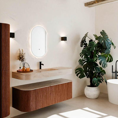 MONDIAZ THOR-DLUX 140cm meuble de salle de bains arrondi gauche + droite couleur Ruby avec 1 tiroir et 2 portes. Vasque suspendue CLOUD Milieu 1 trou de robinet couleur Saba.