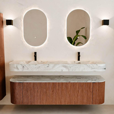 MONDIAZ THOR-DLUX 170cm meuble de salle de bains arrondi gauche + droite couleur Ruby avec 1 tiroir et 2 portes. Vasque suspendue CLOUD Double 2 trous de robinet couleur Glace.