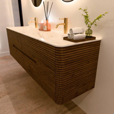 Mondiaz CIRO-DLUX Badkamermeubelset - 170x45x50cm - Solid surface wastafel Ostra - 2 wasbak Dubbel - 2 kraangaten - 4 lades - Dusk
