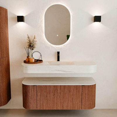 MONDIAZ THOR-DLUX 120cm meuble de salle de bains arrondi gauche + droite couleur Ruby avec 1 tiroir et 2 portes. Vasque suspendue CLOUD Milieu 1 trou de robinet couleur Meli.