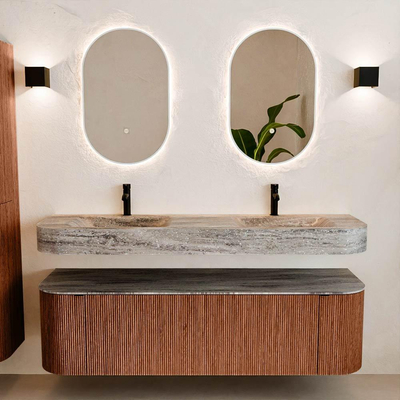 MONDIAZ THOR-DLUX 160cm meuble de salle de bains arrondi gauche + droite couleur Ruby avec 1 tiroir et 2 portes. Vasque suspendue CLOUD Double 2 trous de robinet couleur Oza.