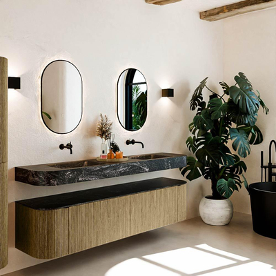 MONDIAZ THOR-DLUX 190cm meuble de salle de bains arrondi gauche + droite couleur Dusk avec 2 tiroirs et 2 portes. Vasque suspendue CLOUD Double sans trou de robinet couleur Lava.