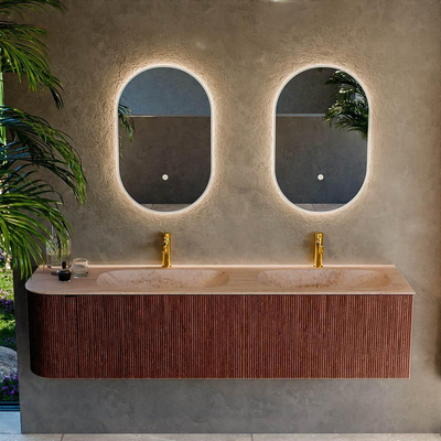 MONDIAZ KURVE-DLUX 175cm meuble de salle de bains avec arrondi à gauche couleur Ruby avec 2 tiroirs et 1 porte. Lavabo STOR SMALL Double / Droite 2 trous de robinet Saba.