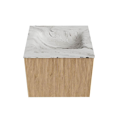 MONDIAZ KURVE-DLUX 50cm badmeubel kleur Oak met 1 lade. Wastafel GRUNNE midden zonder kraangat kleur Glace.