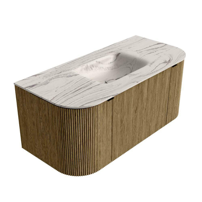 MONDIAZ KURVE-DLUX Meuble de salle de bains 100cm arrondi Gauche + Droite couleur Dusk avec 1 tiroir et 2 portes. Lavabo GRUNNE Milieu sans trou de robinet Nata.