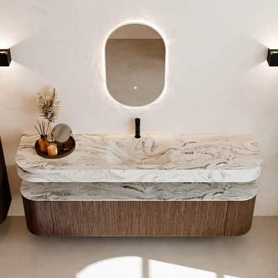 MONDIAZ THOR-DLUX Meuble de salle de bains - 190cm - arrondi gauche + droite - couleur Walnut - 2 tiroirs et 2 portes - Vasque suspendue CLOUD Milieu 1 trou de robinet couleur Glace