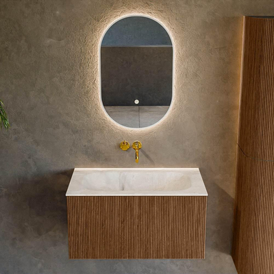 MONDIAZ KURVE-DLUX 80cm Meuble salle de bain - couleur Walnut - 1 tiroir - vasque BIG SMALL centre - sans trou de robinet - couleur Frappe