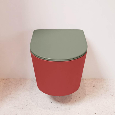 Mondiaz LAVIE hangtoilet – spoelrandloos – 36 x 53 cm – met softclose zitting – Fire (rood), zitting Army (groen)
