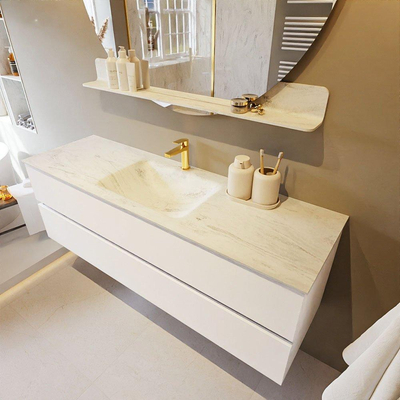 Mondiaz VICA-DLUX ensemble de meuble de salle de bain - 150cm - meuble sous lavabo talc - 2 tiroirs - lavabo encastré cloud milieu - 1 trou de robinet - version haute de 60cm - opalo