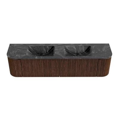 MONDIAZ KURVE-DLUX meuble de salle de bains 180cm avec module 25 Len R couleur Walnut avec 2 tiroirs et 2 portes. Lavabo LEAF double sans trou de robinet couleur Lava.