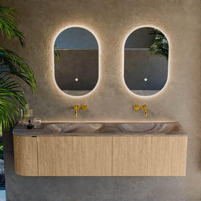 MONDIAZ KURVE-DLUX Meuble de salle de bains 165cm arrondi à gauche couleur Chêne avec 2 tiroirs et 1 porte. Lavabo STOR SMALL Double / Droite sans trou de robinet Sombra.