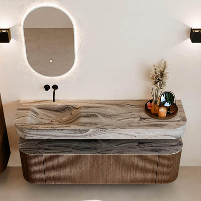 MONDIAZ THOR-DLUX 160cm badmeubel ronding links + rechts kleur Walnut met 1 lade en 2 deuren. Vrijhangende wastafel CLOUD Links zonder kraangat kleur Sombra.