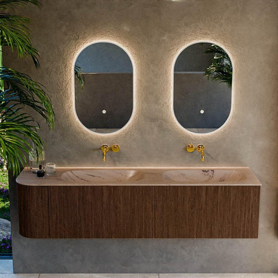 MONDIAZ KURVE-DLUX 175cm meuble de salle de bains avec arrondi à gauche couleur Walnut avec 2 tiroirs et 1 porte. Lavabo STOR SMALL Double / Droite sans trou de robinet Arena.