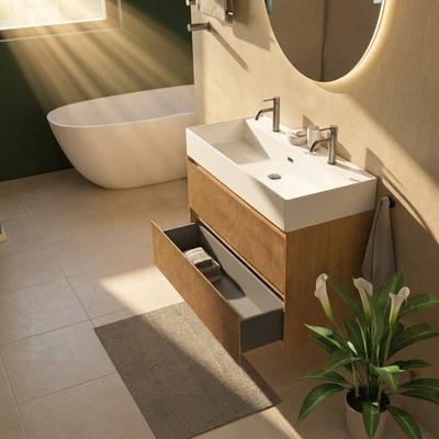 Saniclass Holz Atelier Ensemble de meubles de salle de bains - 100x45x72cm - vasque Legend en céramique blanche - 1 vasque - 2 trous de robinetterie - 2 tiroirs - chêne natural mat (bois)