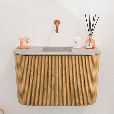 Mondiaz JOYA-DLUX 63.2cm toiletmeubel - ronding links en rechts kleur Oak - Wastafel FAYE positie Midden Zonder kraangat kleur Glace.