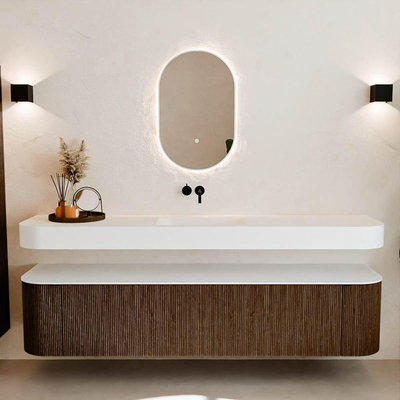 MONDIAZ THOR 200cm meuble de salle de bains arrondi gauche + droite couleur Walnut avec 2 tiroirs et 2 portes. Vasque suspendue CLOUD Milieu sans trou de robinet couleur Talc.