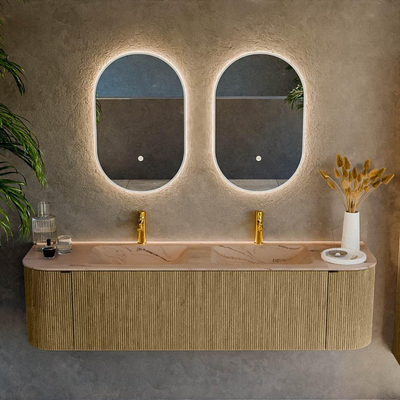 MONDIAZ KURVE-DLUX Meuble de salle de bains 170cm arrondi gauche + droite couleur Dusk avec 1 tiroir et 2 portes. Lavabo LEAF double 2 trous de robinet Arena.