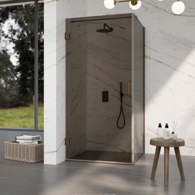 Fortifura Galeria Cabine de douche - 90x100x200cm - charnières - poignée de porte - plat - verre fumé - Cuivre brossé PVD (Cuivre)