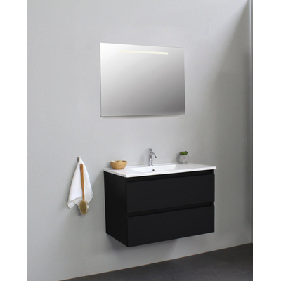 Basic Line Bella Badkamermeubelset - 80x55x46cm - 1 wasbak - Keramiek - Wit - 1 kraangat - Wandspiegel met verlichting - Melamine Zwart mat