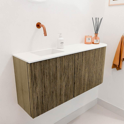 Mondiaz JOYA Meuble WC 91,6 cm - arrondi à droite couleur Dusk - Lavabo FAYE position gauche sans trou de robinet couleur Talc.