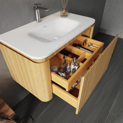 Saniclass Terra Ensemble meuble de salle de bains - 80cm - 2 tiroirs - vasque en solid surface - 1 vasque - 1 trou de robinet - coins arrondis - sandwood (chene clair)