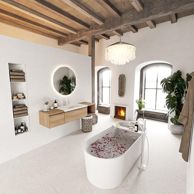 MONDIAZ BUKLA meuble de salle de bain 160cm avec module ouvert 40 à droite couleur Chêne blanchi avec 2 tiroirs. Lavabo CLOUD centre 1 trou de robinet couleur Talc.