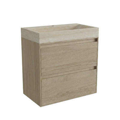 Forzalaqua Ibiza Ensemble meuble de salle de bains - 80x50x70cm - 2 tiroirs - lavabo en travertin - 1 trou de robinet - jeu de supports - bouchon de vidage - smoke