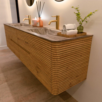 Mondiaz CIRO-DLUX Badkamermeubelset - 190x45x50cm - Solid surface wastafel Sombra - 2 wasbak Dubbel - 2 kraangaten - 4 lades - Oak
