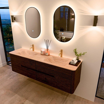 Mondiaz CIRO-DLUX Badkamermeubelset - 170x45x50cm - Solid surface wastafel Saba - 2 wasbak Dubbel - 2 kraangaten - 4 lades - Walnut