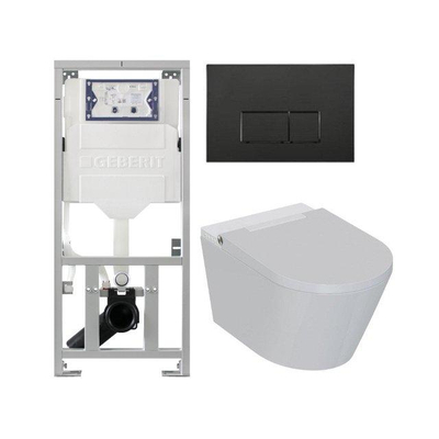 QeramiQ Luma Ensemble WC-douche - Réservoir encastré Geberit UP320 - avec cadre Burda - sèche-cheveux - douchette féminine - plaque de commande en plastique noir mat - boutons rectangulaires - blanc brillant
