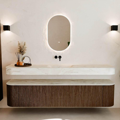 MONDIAZ THOR-DLUX 200cm meuble de salle de bains arrondi gauche + droite couleur Walnut avec 2 tiroirs et 2 portes. Vasque suspendue CLOUD Milieu sans trou de robinet couleur Ostra.